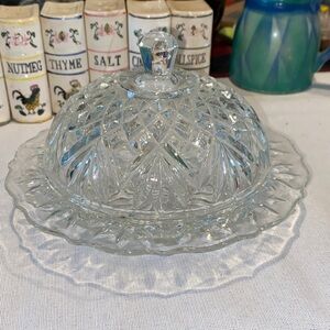 vintage MCM Anchor Hocking Prescut Clear round covered butter dish